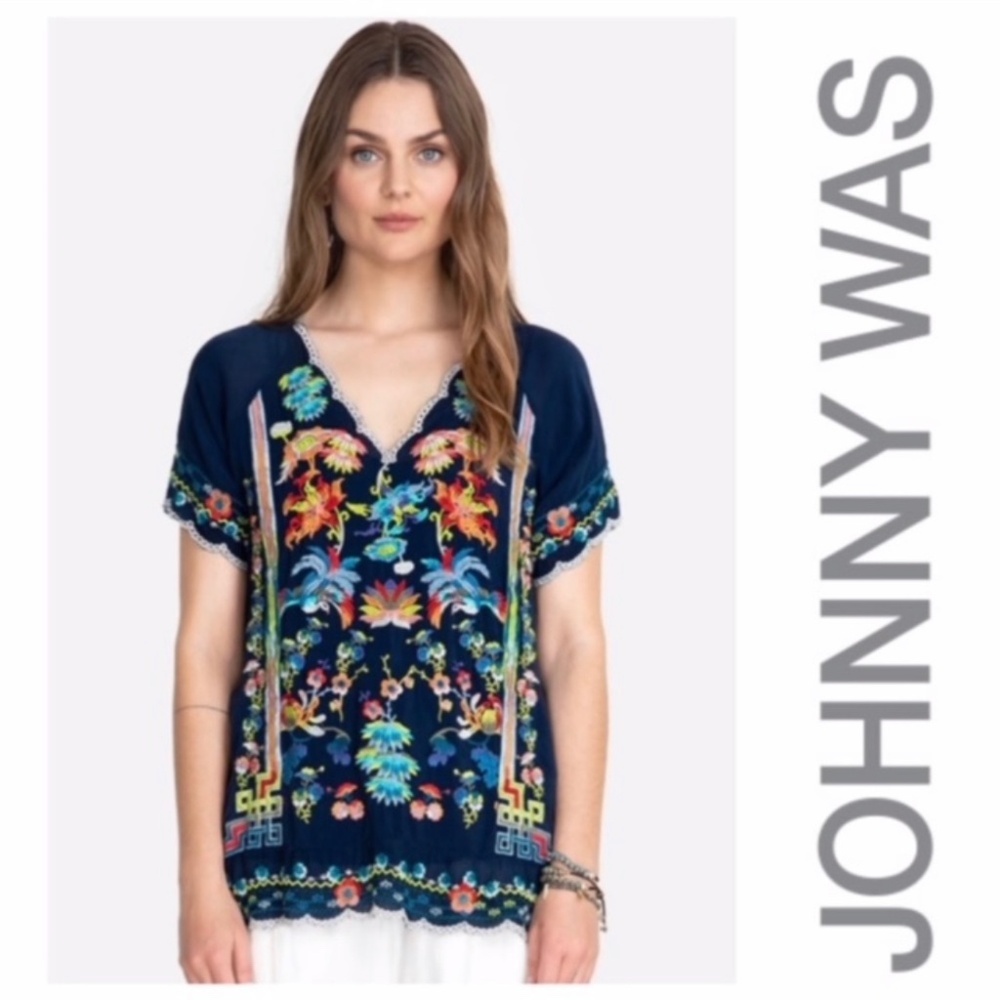 NWT JOHNNY WAS BLUE SKY EMBROIDERED TOP BLOUSE